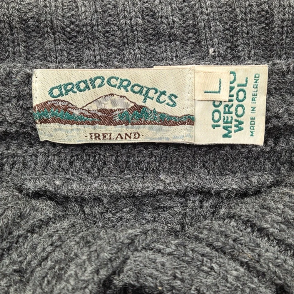 Vintage Aran Crafts 100% Merino Wool Cable Knit Sweater Charcoal Grey Large